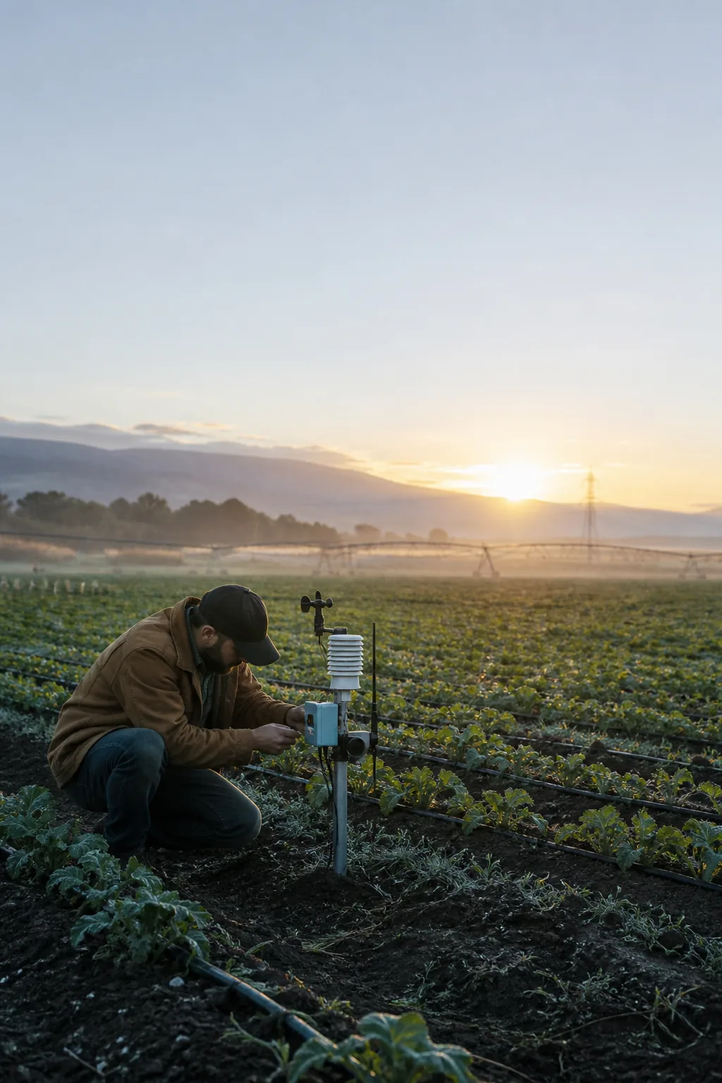 Artistic precision-agriculture scene with a farmer and connected field sensor