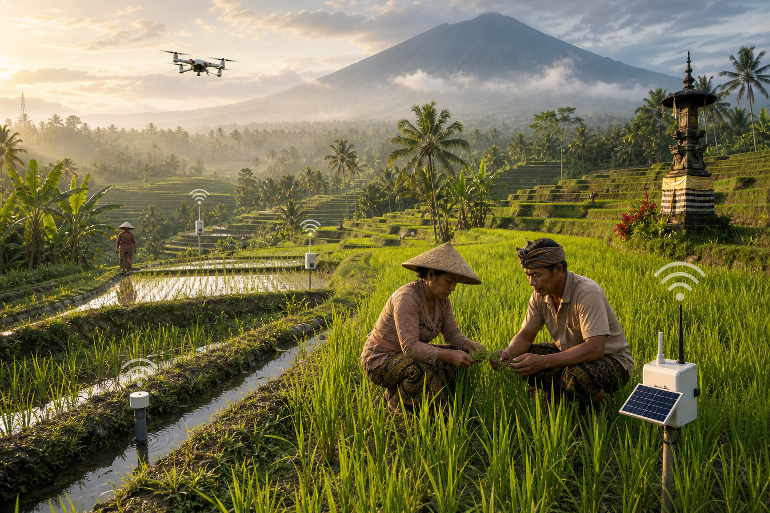 Balinese farmers using field sensors and an agricultural drone in terraced rice fields