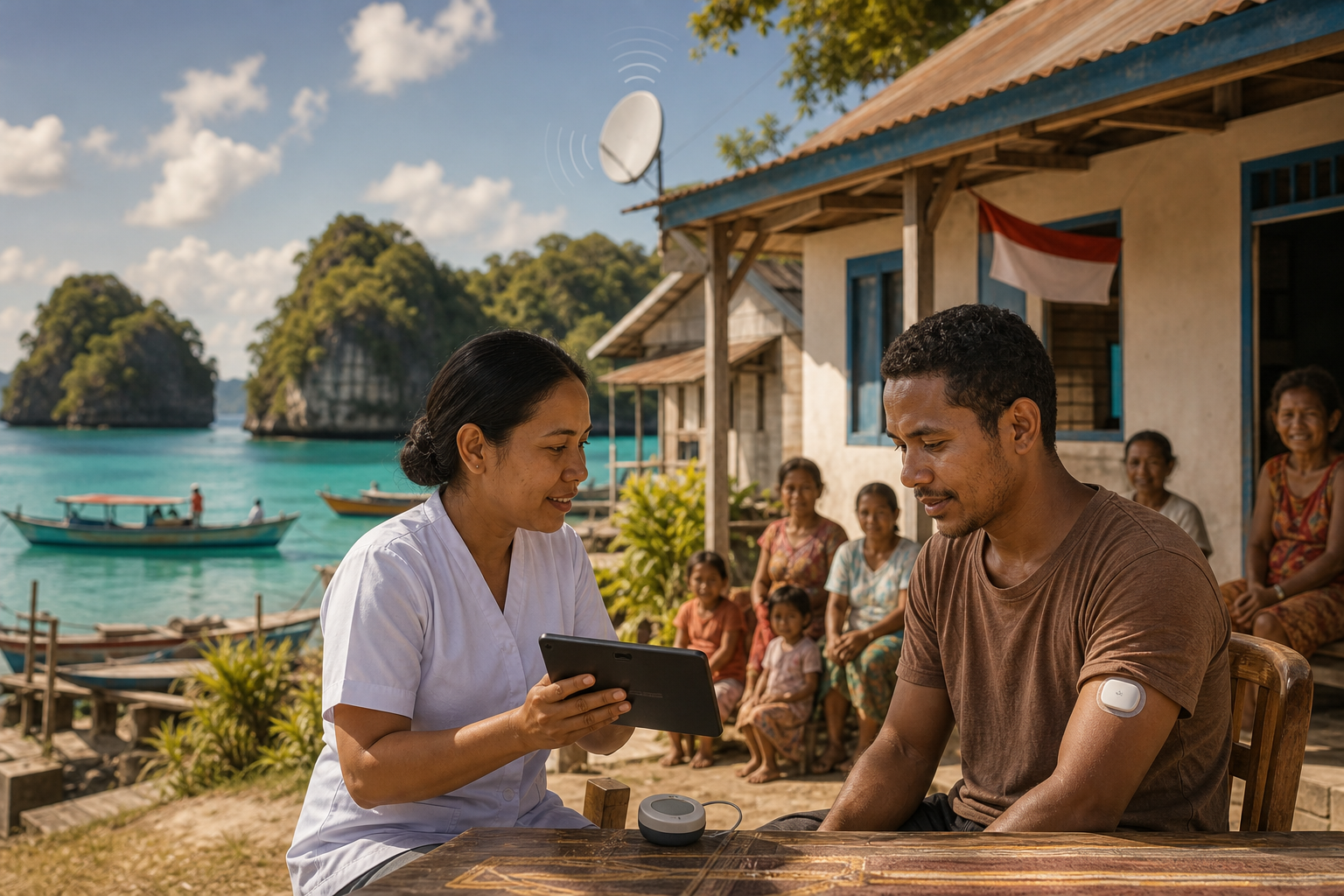 Community health worker using connected monitoring with a resident in a coastal Kei Islands setting