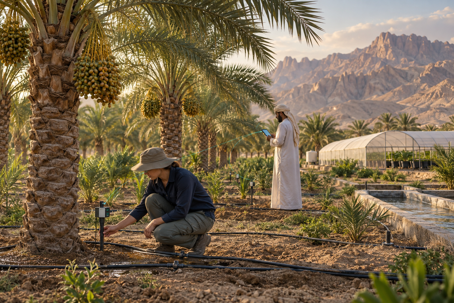 Illustrative agricultural setting in Al Ain, Abu Dhabi, with connected irrigation and crop sensors