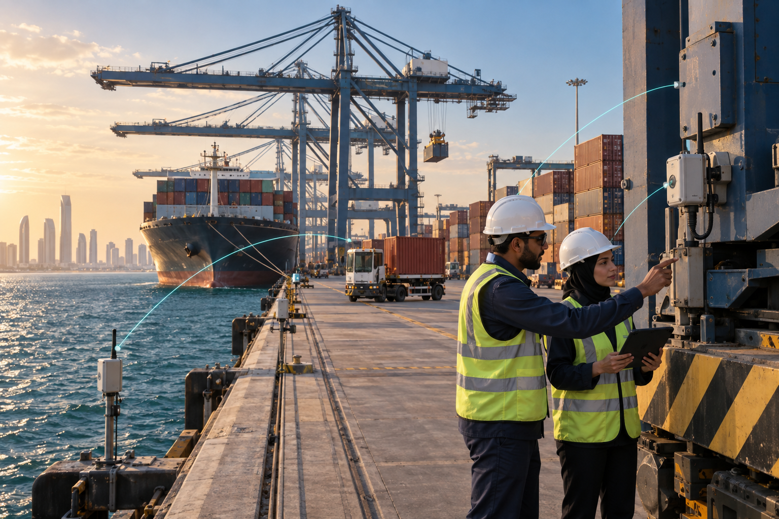 Illustrative industrial setting at Khalifa Port in Abu Dhabi with sensor-connected logistics and machinery