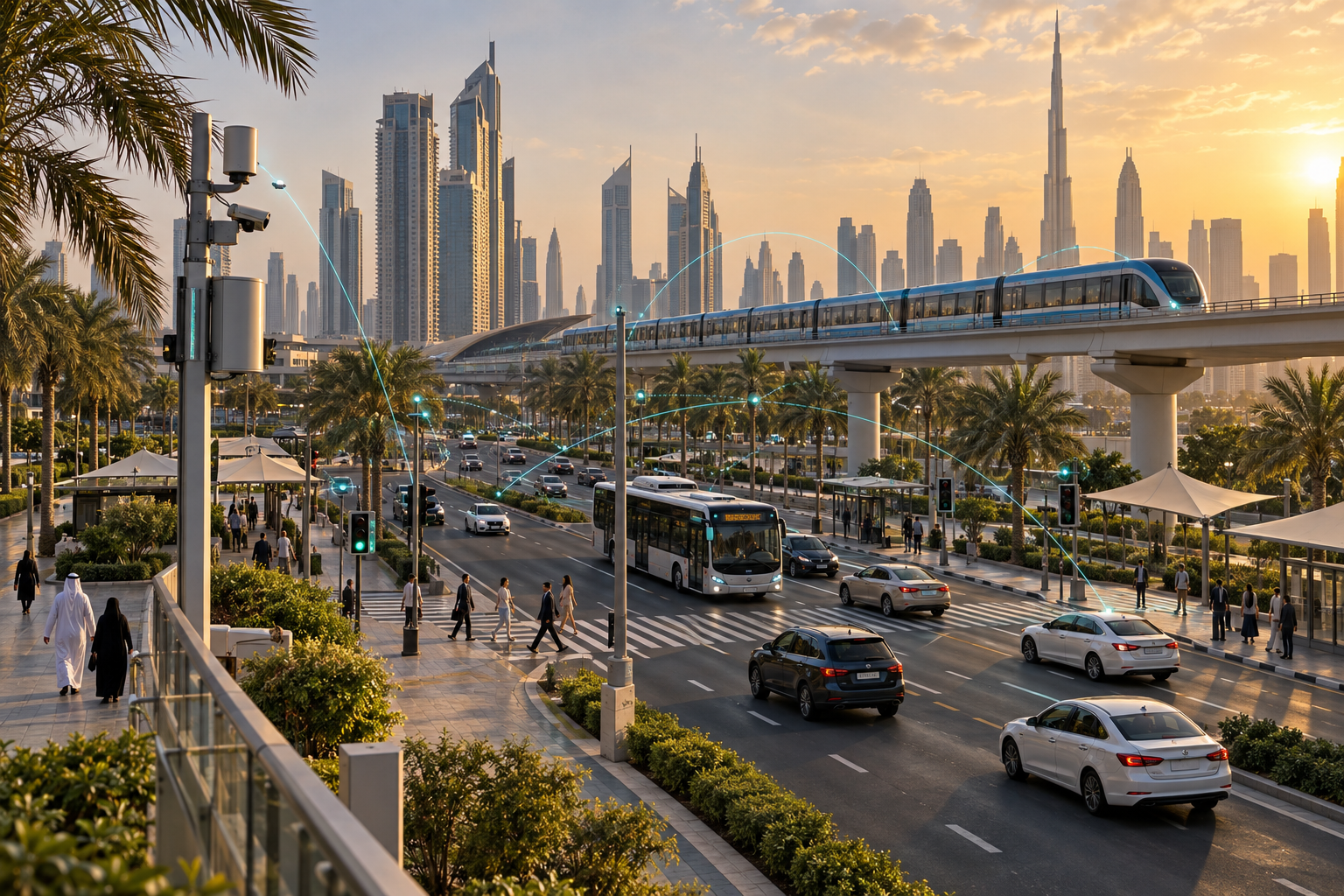 Illustrative Dubai mobility setting with connected vehicles, public transport, and roadside sensors