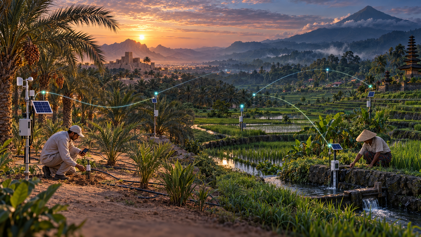 Conceptual agricultural sensing illustration combining irrigated farming in Al Ain with the rice terraces of Jatiluwih in Bali