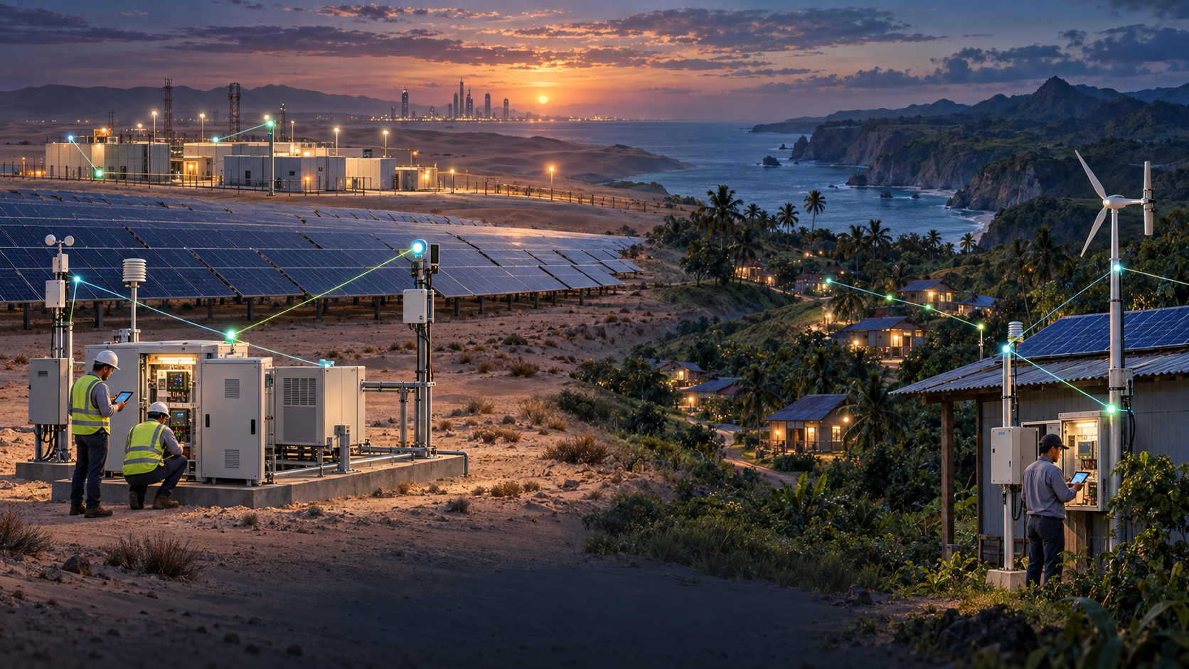 Conceptual energy-monitoring illustration combining solar infrastructure in Al Dhafra with renewable energy systems in Sumba