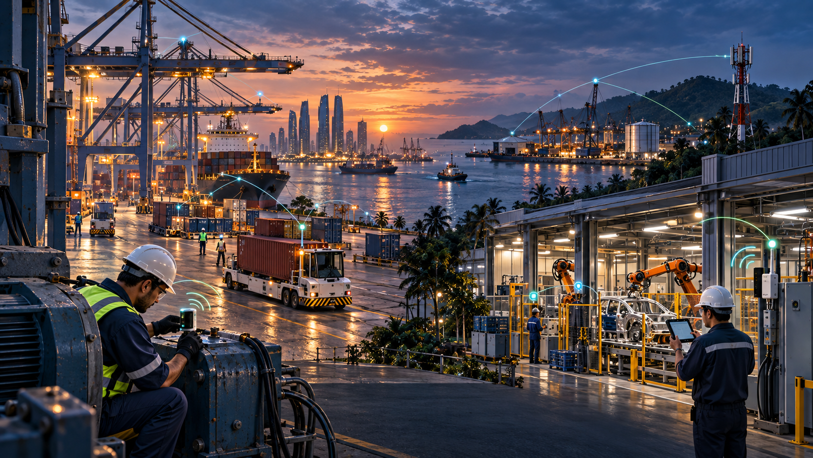 Conceptual industrial sensing illustration combining port logistics in Abu Dhabi with connected manufacturing in Batam
