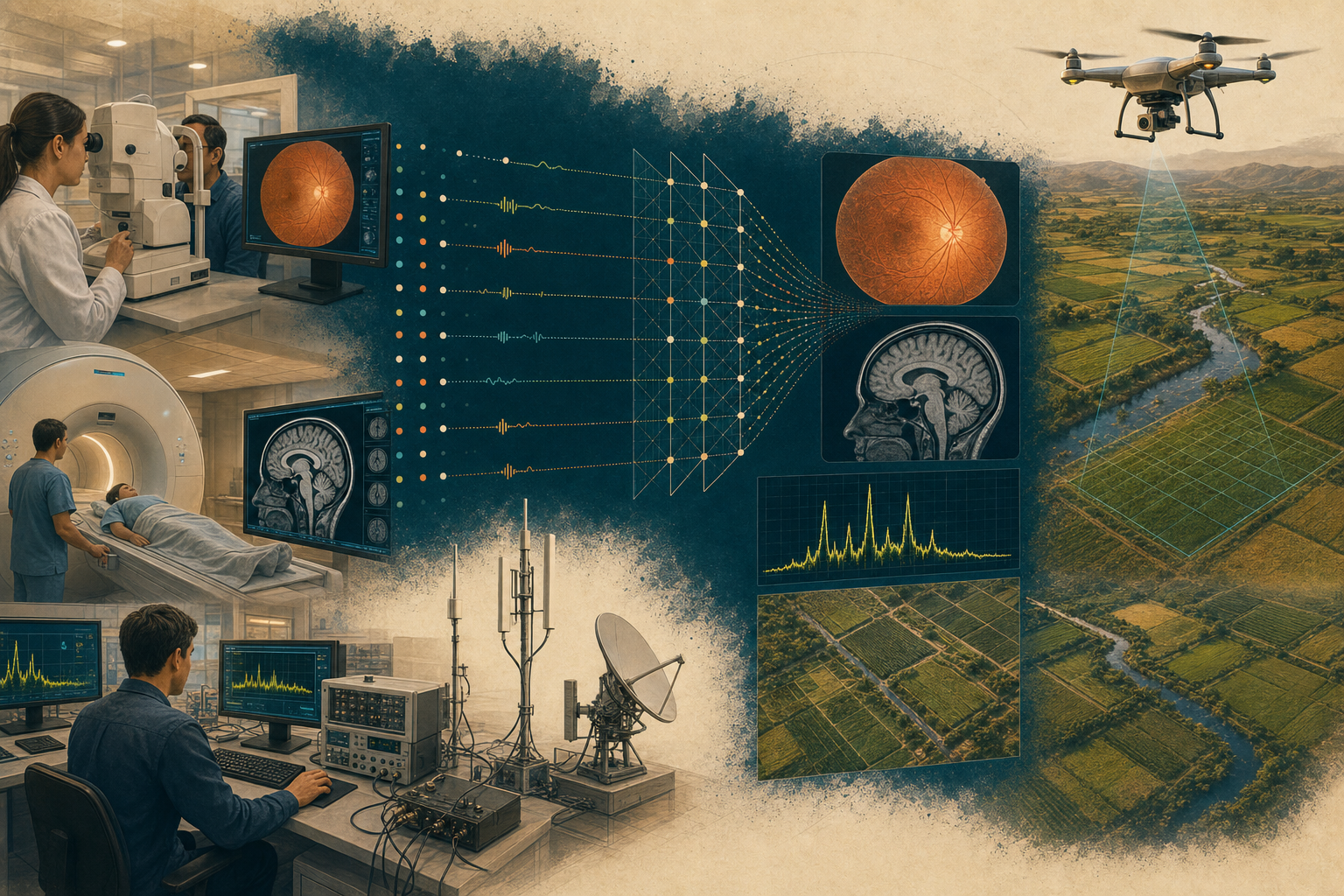Real-world compressive sensing applications: retinal examination, MRI reconstruction, wireless spectrum monitoring, and drone-based agricultural imaging