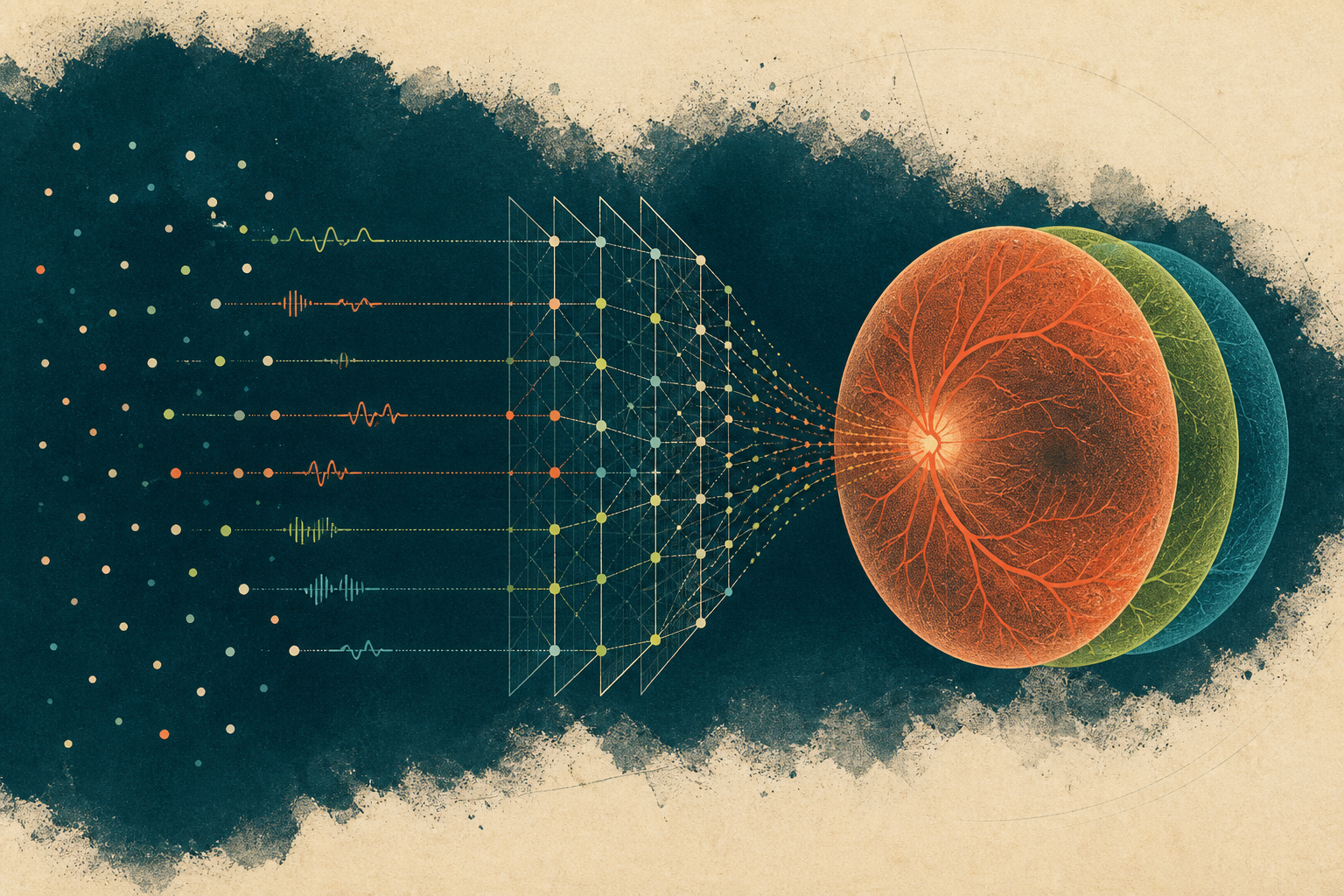 Sparse signal samples passing through a reconstruction lattice to form layered retinal data