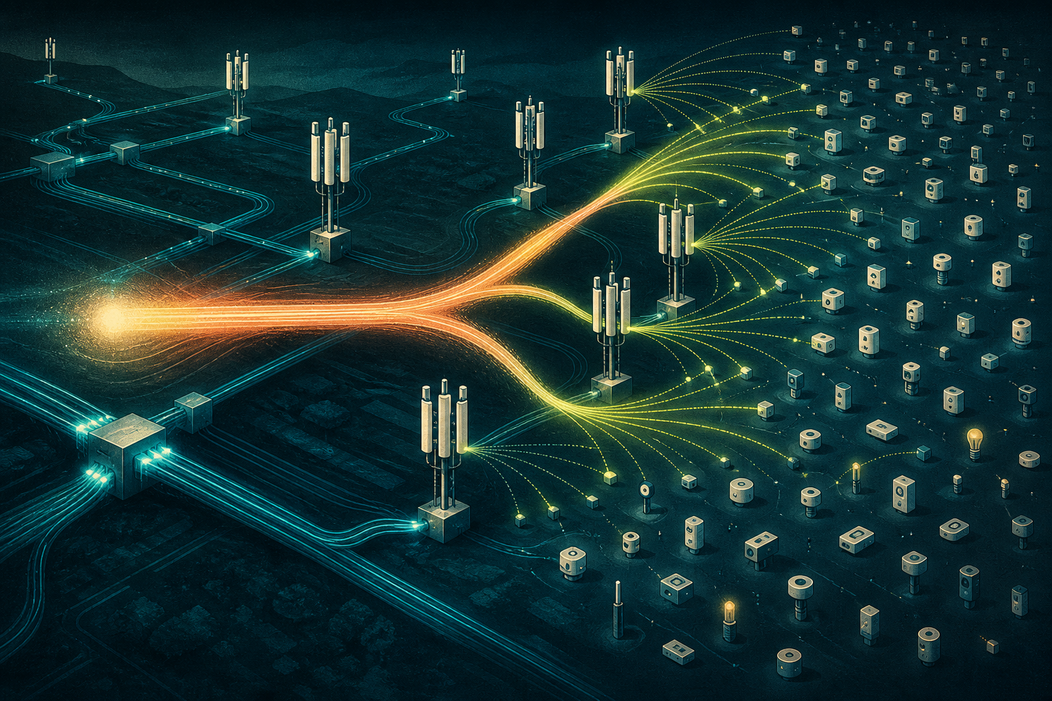 Editorial illustration of distributed cell-free antennas connecting a dense field of IoT devices through layered data streams and fiber links