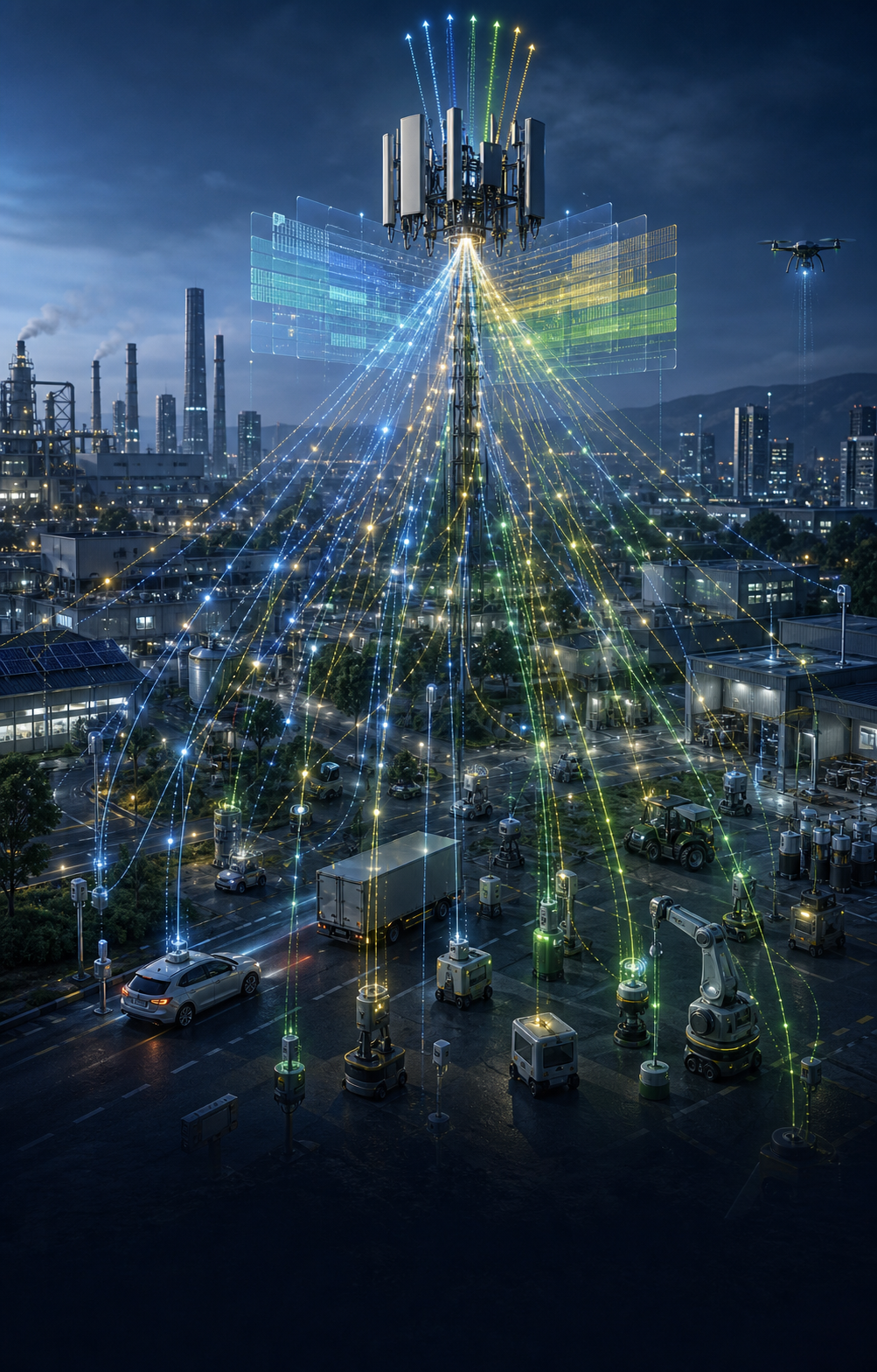 Editorial multiple-access illustration showing dense devices sharing an uplink to a multi-antenna base station