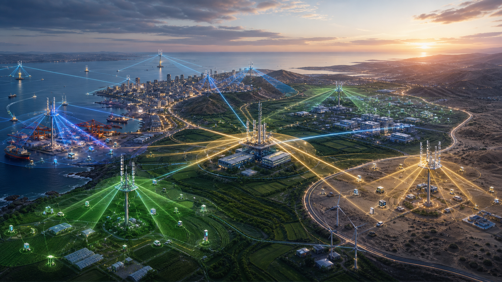 Distributed multiple-access panorama connecting coordinated radio clusters across varied regions