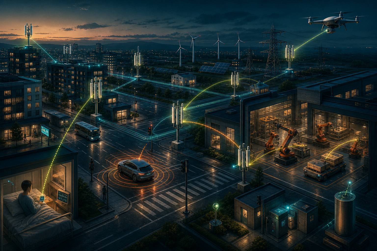 Real-world 6G applications connected through distributed antennas: an autonomous car, factory robots, a sensing drone, a healthcare wearable, and smart-energy infrastructure