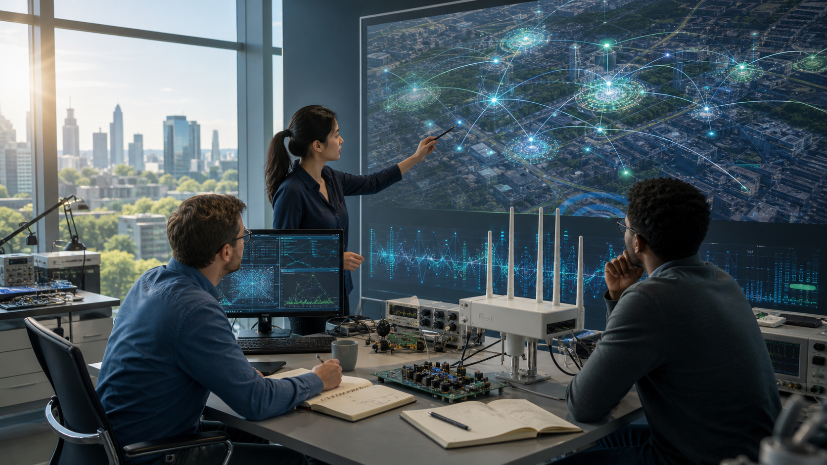 Wireless research framing workspace with urban device traffic and simulation layers
