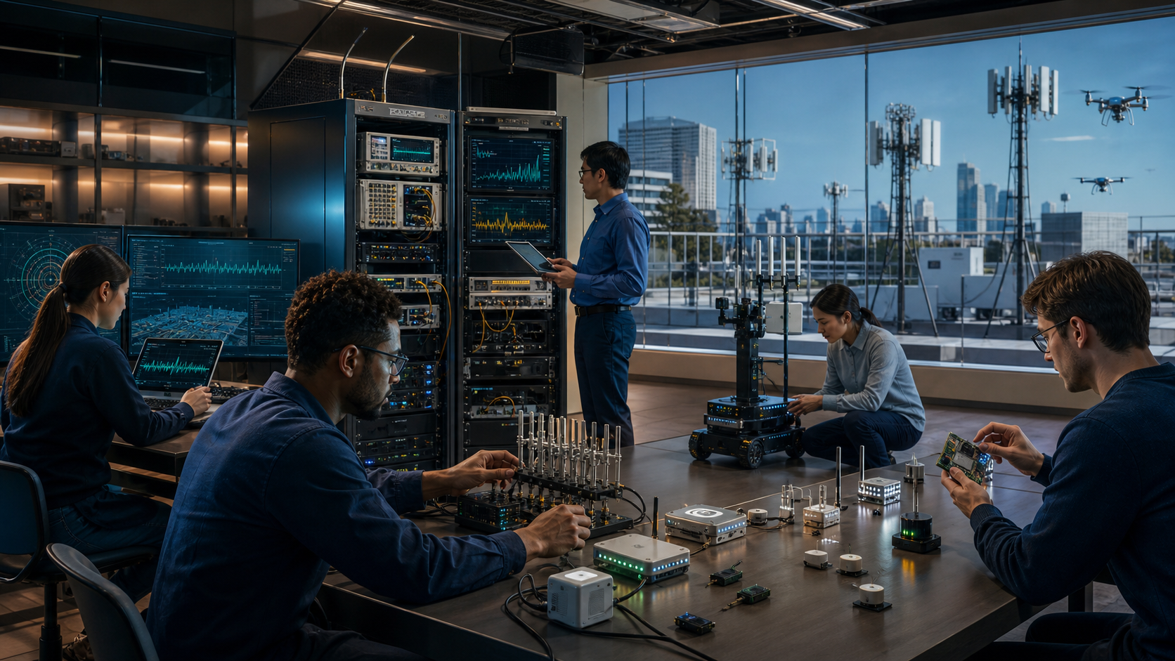 Hardware-in-loop wireless testbed with instruments, antenna arrays, and radio racks
